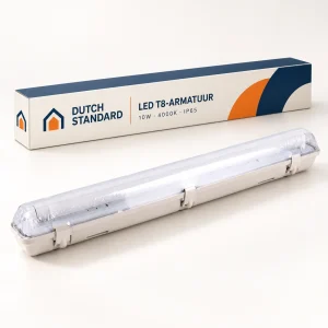 Compleet Dutch Standard LED T8-armatuur met eigen blauw-oranje merkdoos; illustratieve productpresentatie.