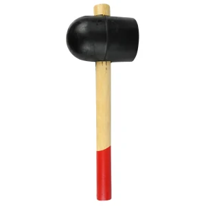 Rubberhamer met zwarte kop, houten steel en rood uiteinde