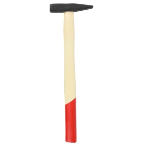 Bankhamer met zwarte kop, lichte houten steel en rood geverfd uiteinde.