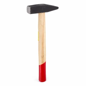 Bankhamer met zwarte kop en lichte houten steel met rood uiteinde.